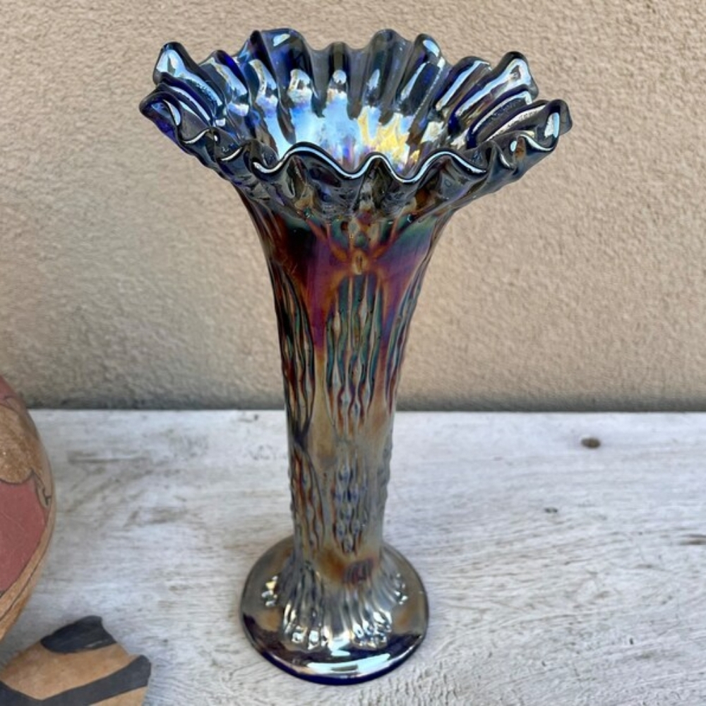 Antique Fenton Knotted Beads Carnival Glass Swung Vase 9" Tall OBO